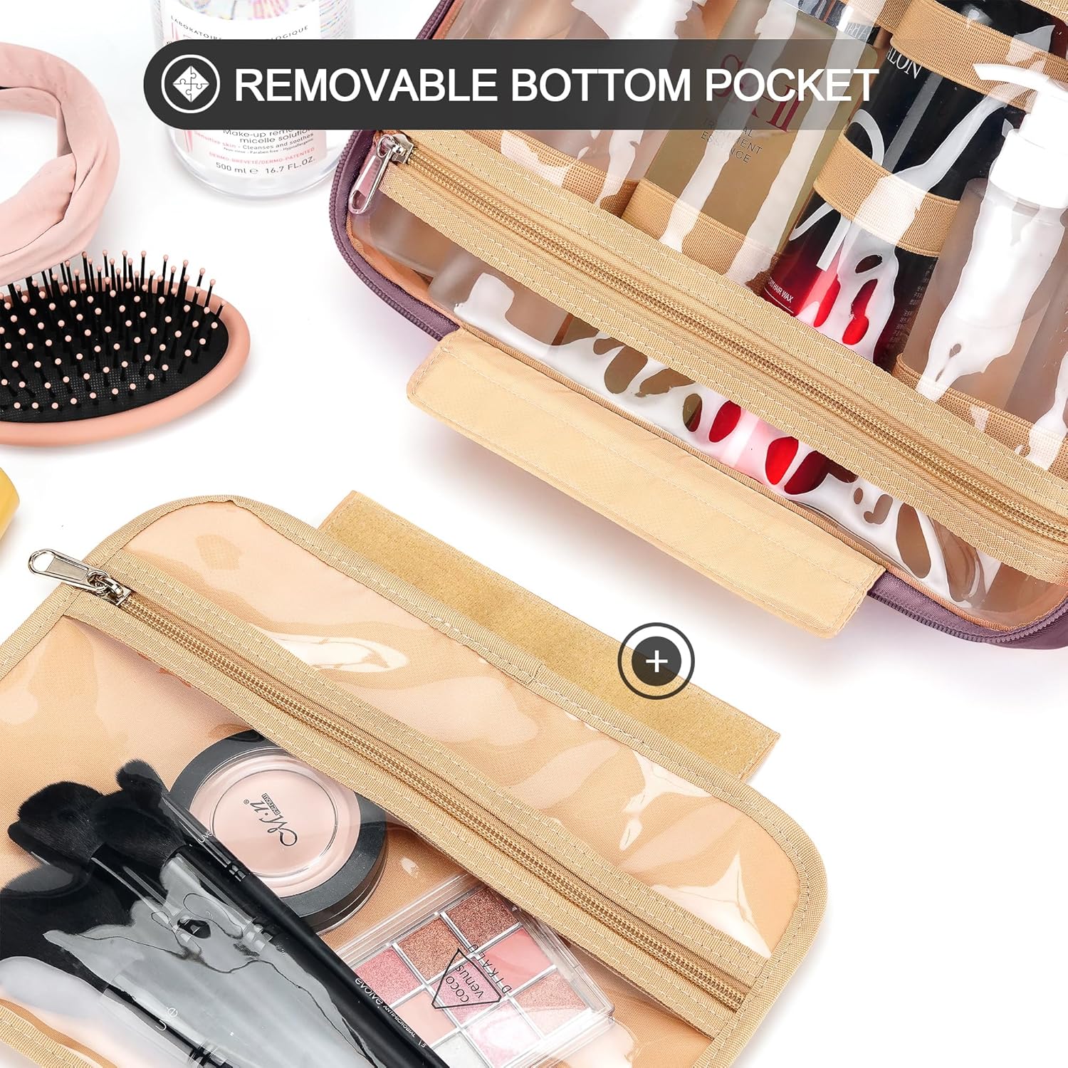 Travel Hanging Toiletry Bag for Women, Large Makeup Bag 8 Leak Proofing Silicone Bottle Covers, Waterproof Cosmetic Bag with Jewelry Organizer Compartment, Toiletries Kit Set, Purple