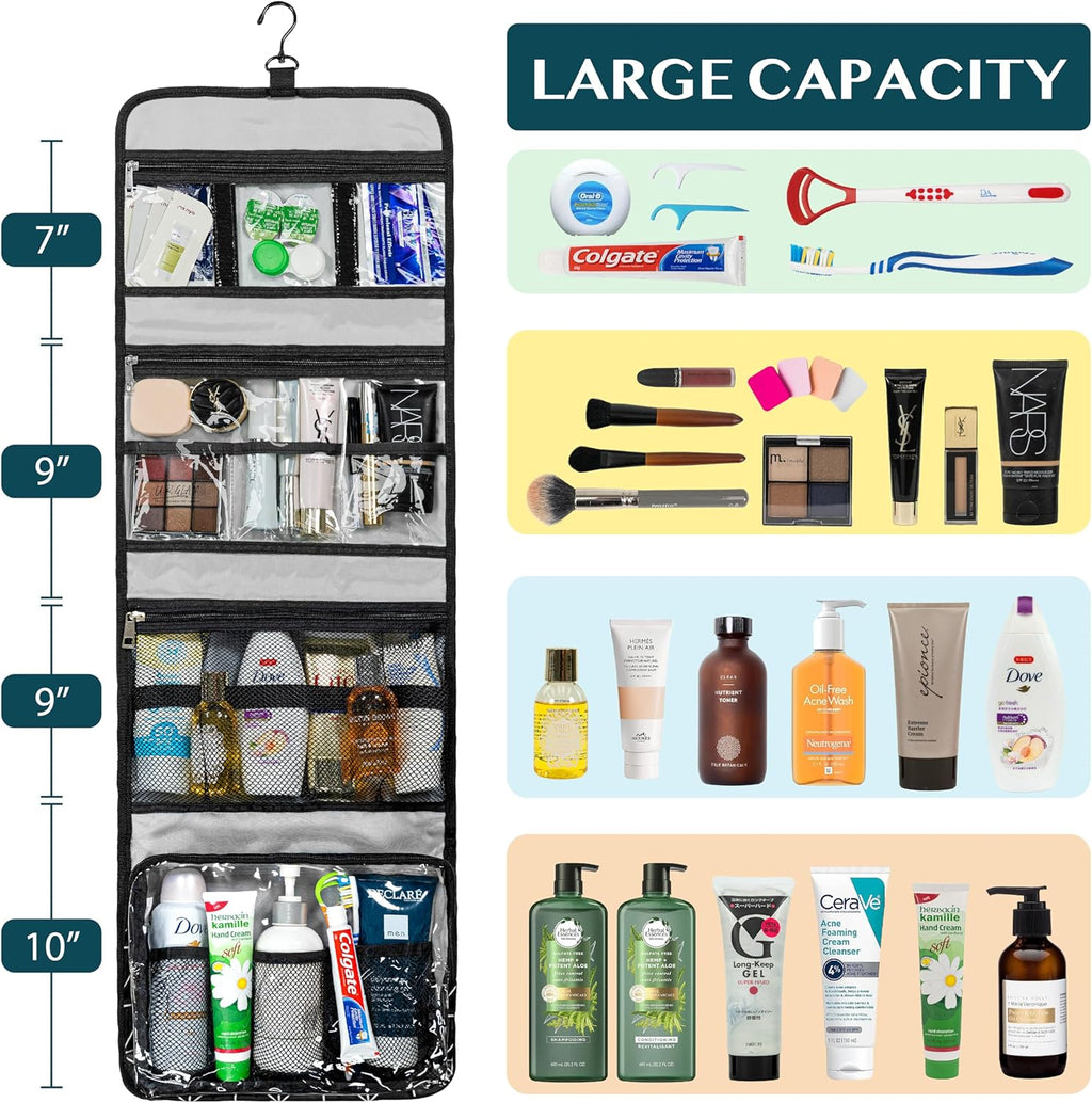 PAVILIA Travel Hanging Toiletry Bag for Women Men, Large Capacity Makeup Bag Kit, Waterproof Cosmetic Storage Organizer Case for Bathroom Shower