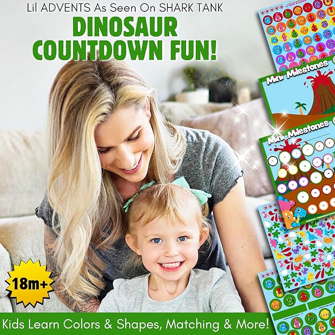 2PK Dinosaurs Sticker Advent Calendar for Kids 18m+ Sticker Countdown to Christmas for Toddlers 30 Days to Birthday, Vacation, Party, School with Activity Board & Crown by LIL ADVENTS Mini Milestones