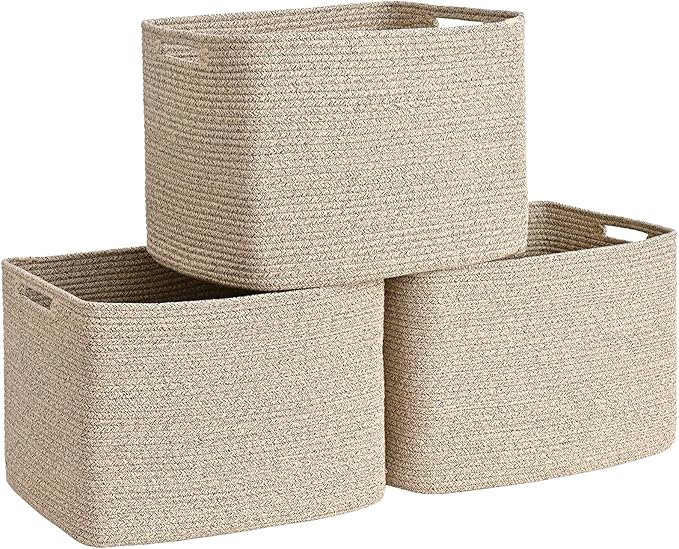 3 Pack Cube Storage Bin, 17”x12”x12” Cotton Rope Woven Baskets for Organizing Toys Clothes Towels, Square Gift Storage Baskets for Shelf, Nursery, Closet, Bathroom, Pantry (Jute)