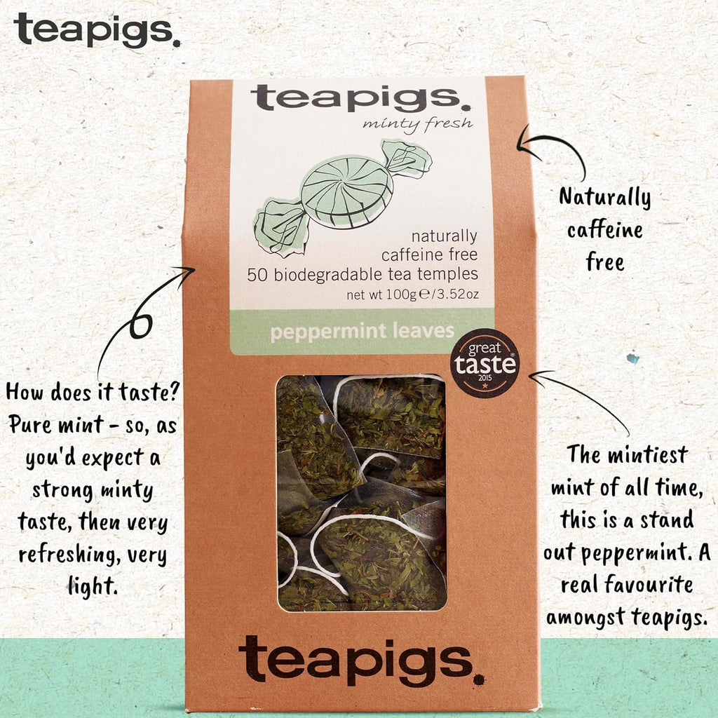 Teapigs Peppermint Leaves Tea Bags Made with Whole Leaves, Caffeine-Free, Natural Ingredients (1 Pack of 50 Teabags)