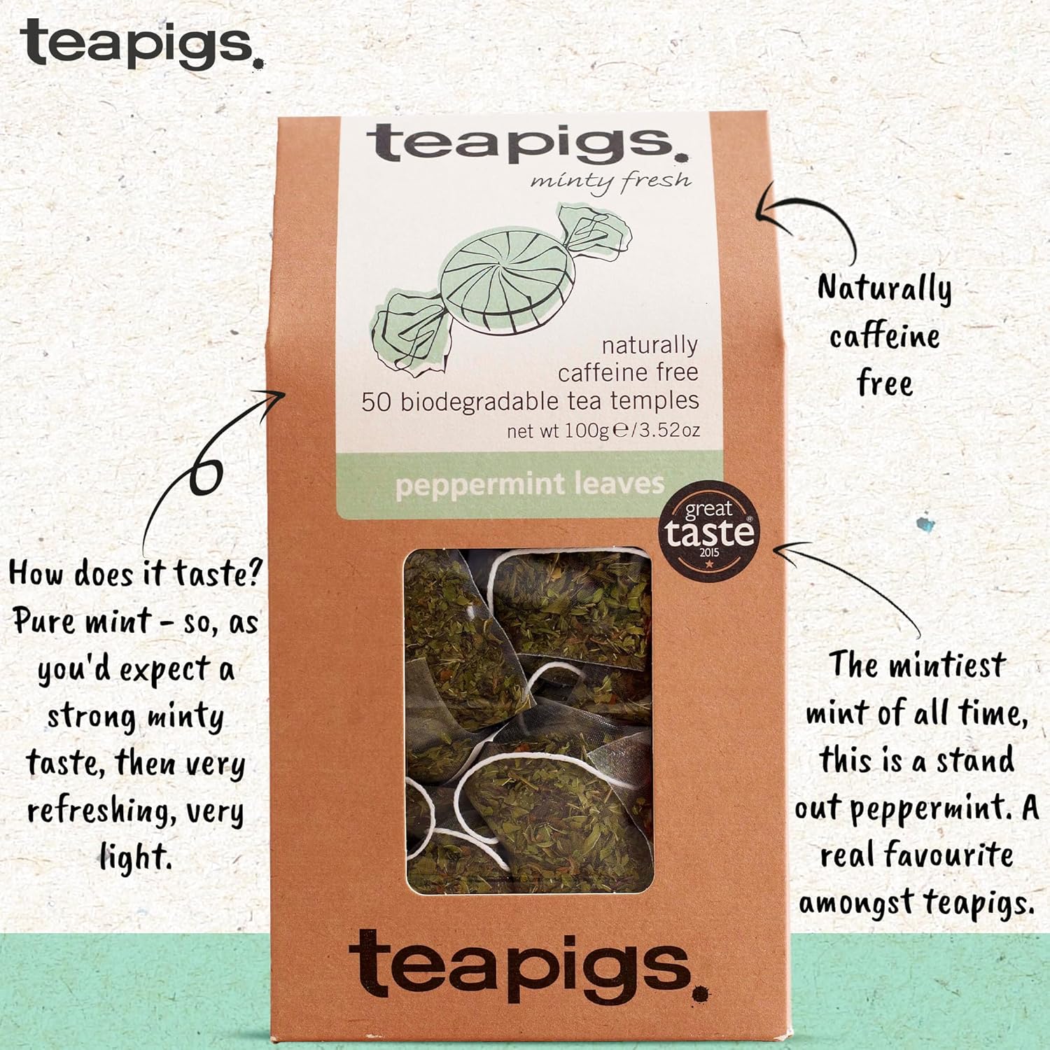 Teapigs Peppermint Leaves Tea Bags Made with Whole Leaves, Caffeine-Free, Natural Ingredients (1 Pack of 50 Teabags)