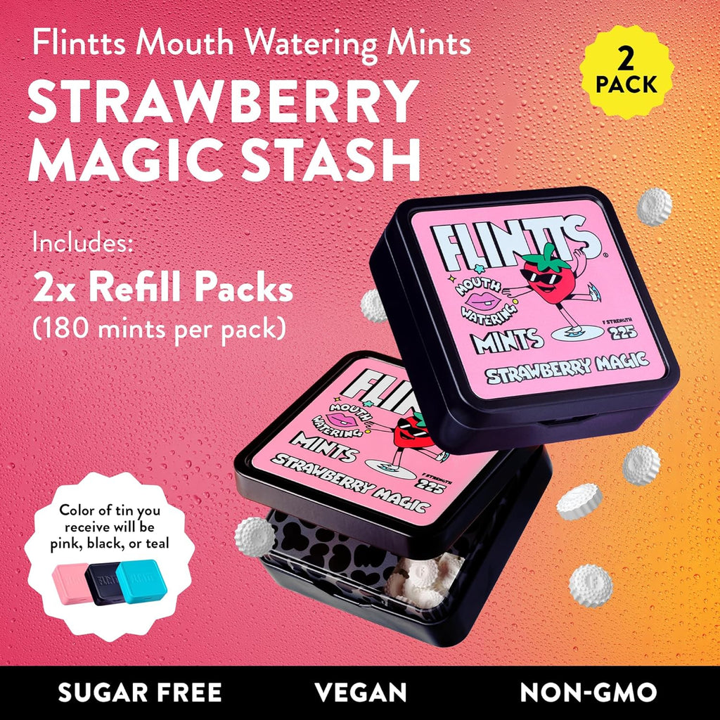 Flintts Mints Strawberry Stash – Sugar Free Mouthwatering Mints for Dry Mouth Relief & Freshness – Vegan Oral Health Support with Sparkle Effect – Pocket Travel Saliva Substitute, Lozenges Alternative, 2 Refill Packs