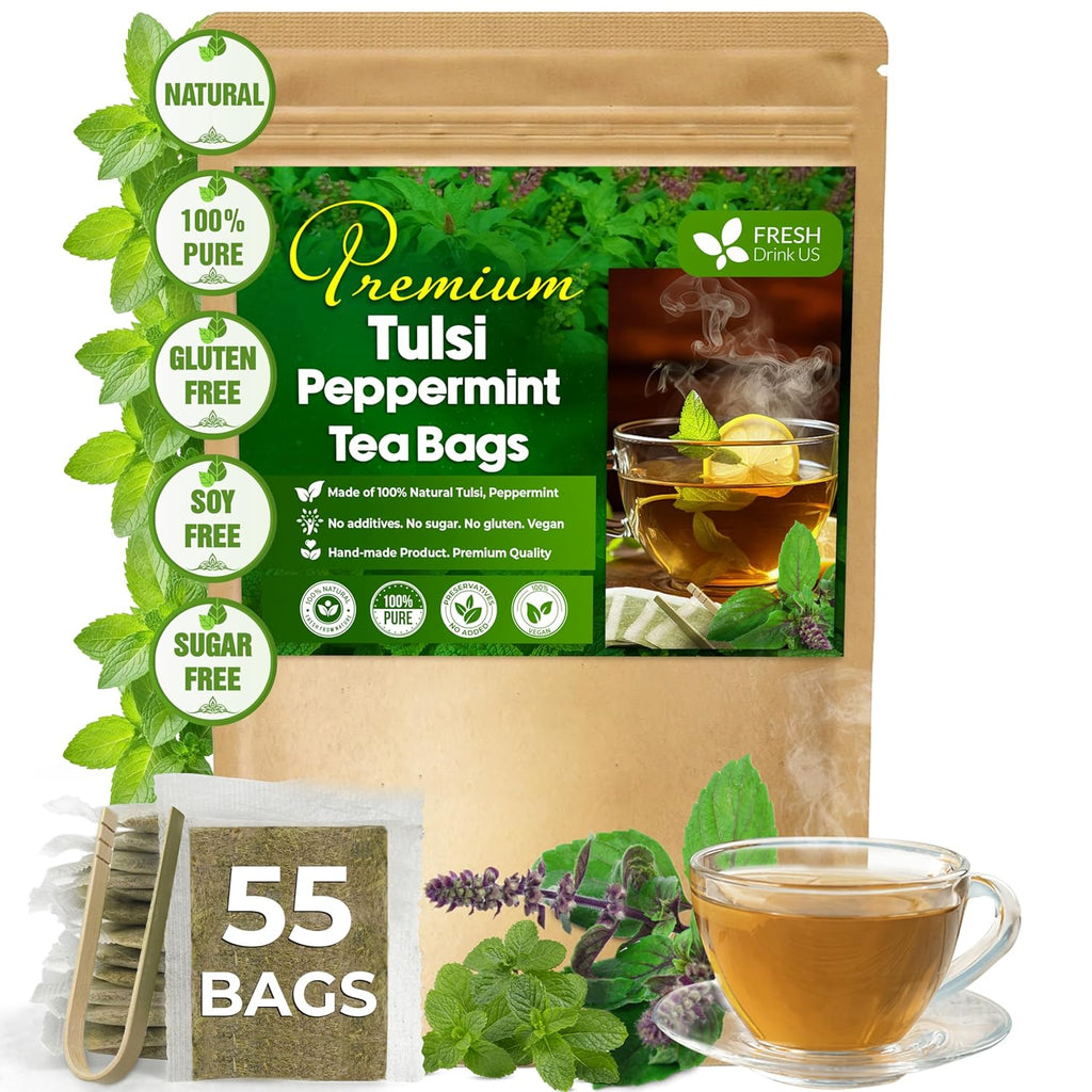 FreshDrinkUS, Premium Tulsi Peppermint Herbal Tea – 55 Tea Bags, 100% Natural, Blend of Tulsi Holy Basil Leaves, and Peppermint Leaves. Made with Natural Material Tea Bags. No Sugar, Vegan.