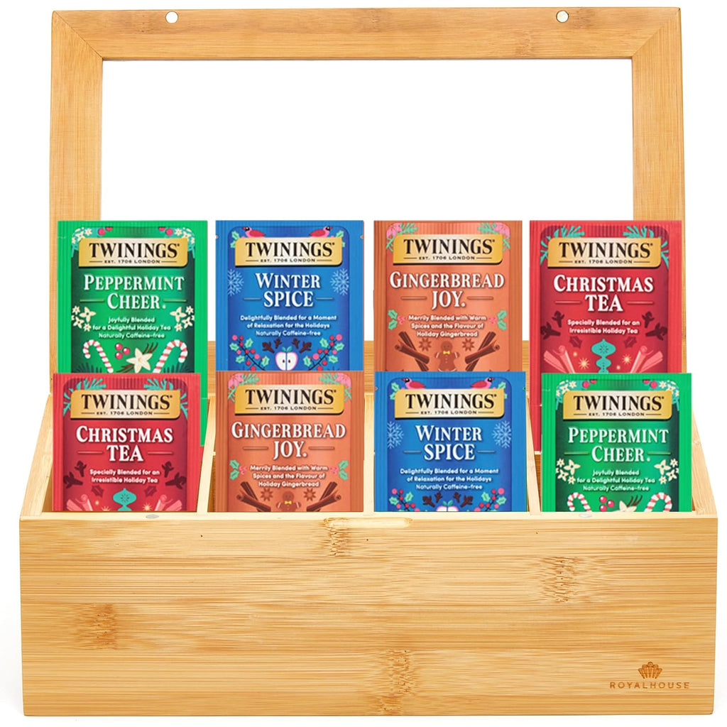Twinings Christmas Holiday Tea Bag Variety Pack (60 Count), 4 Seasonal Flavors in a Bamboo Tea Chest Organizer, Gift for Women, Men, Friends, Couples, Mom, Dad, Family