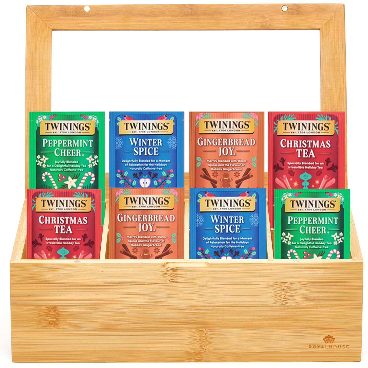 Twinings Christmas Holiday Tea Bag Variety Pack (60 Count), 4 Seasonal Flavors in a Bamboo Tea Chest Organizer, Gift for Women, Men, Friends, Couples, Mom, Dad, Family