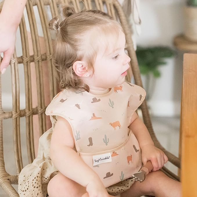 Tiny Twinkle Mess-Proof Baby Bibs for Eating | Waterproof, Wipeable Toddler Bibs with Catch-All Pocket | Feeding Bibs for Girls & Boys(3 Pack,Cowboy)