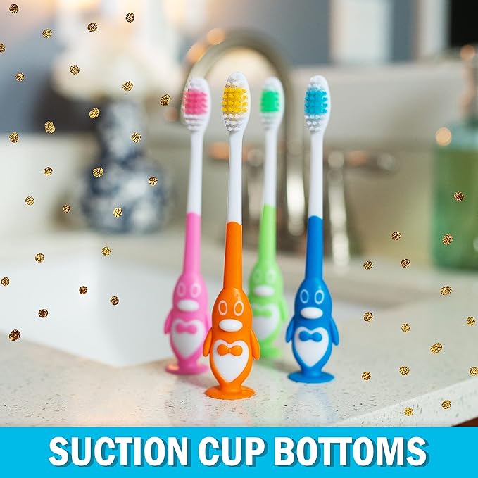 Kids Toothbrush Suction Cup, Toddler Toothbrush Soft Bristles, Child Toothbrush Suction Cups For Easy Access, Toddler Toothbrushes Handles Perfect For Tiny Hands of Boys and Girls (4 Pack - Penguin)
