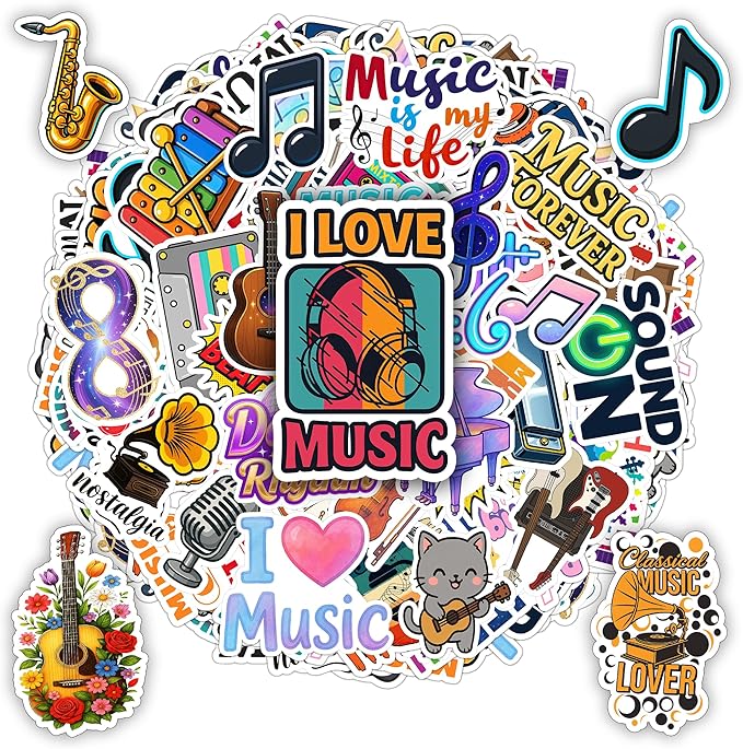 100 PCS Music Stickers Pack, Vinyl Waterproof Decals of Guitars Pianos Drums Microphones Notes Headphones and Bands, Fun Gift for Kids Teens Adults Students Teachers Water Bottle Scrapbook