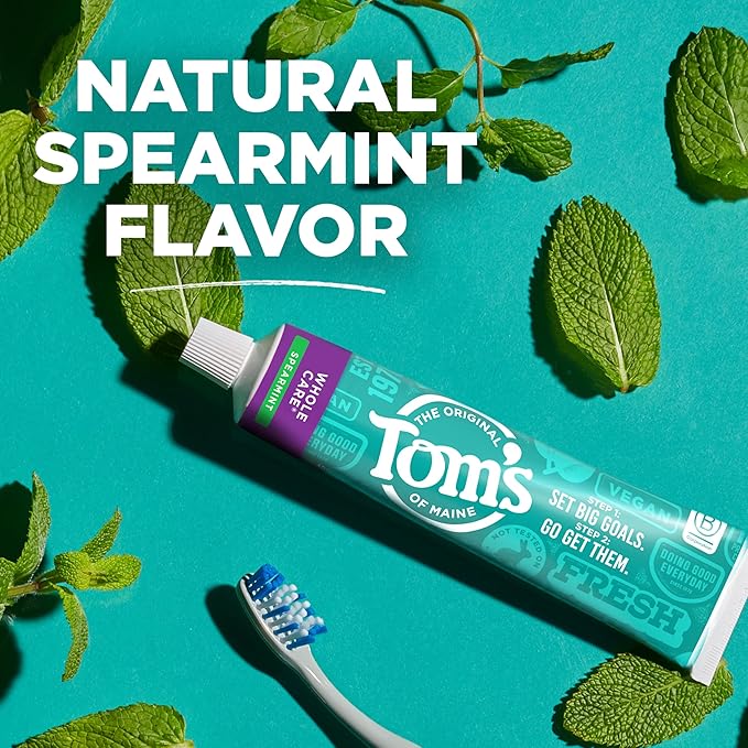 Tom's of Maine Whole Care Natural Toothpaste with Fluoride, Spearmint, 4 Ounce (Pack of 3), (Packaging May Vary)