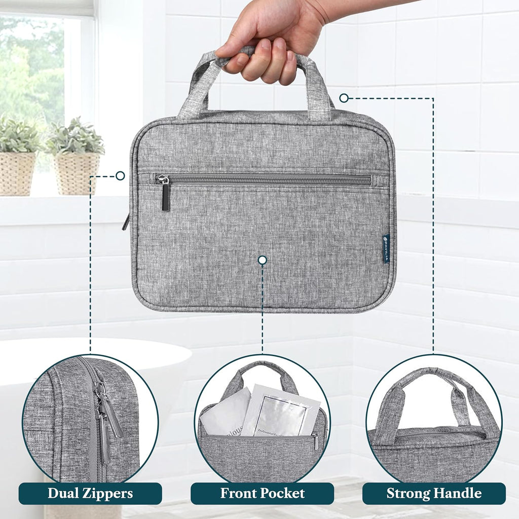 PAVILIA Hanging Toiletry Bag Travel Bag Women Men, Foldable Cosmetic Organizer, Roll up Makeup Bag, Water Resistant Accessories Toiletries, Large Travel Essentials Kit (Heather Grey)