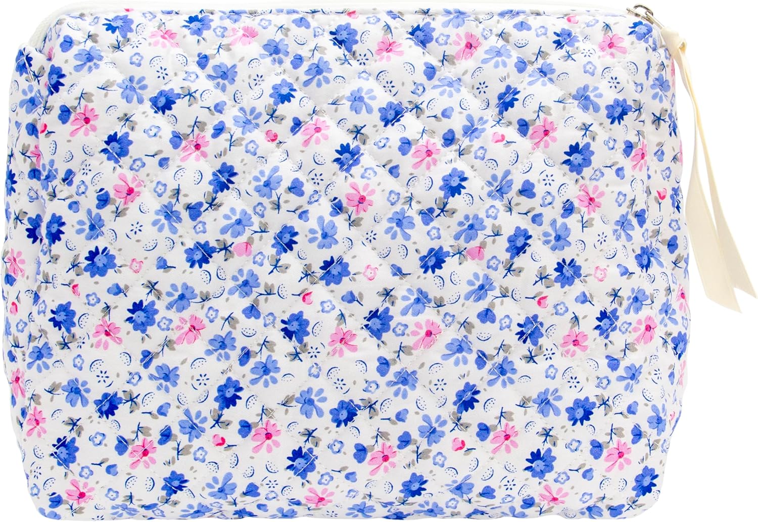 PAZIMIIK Quilted Makeup Bag Large Travel Zipper Soft Cosmetic Pouch for Women Girls Make Up,Floral Blue