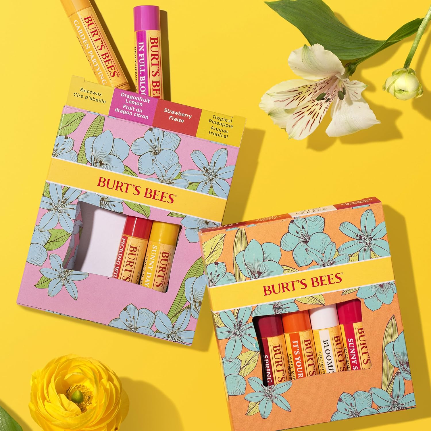Burt's Bees Gifts Ideas - In Full Bloom Lip Balm Set, Original Beeswax, Dragonfruit Lemon, Tropical Pineapple & Strawberry, Natural Origin Lip Treatment, 4 Tubes, 0.15 oz.
