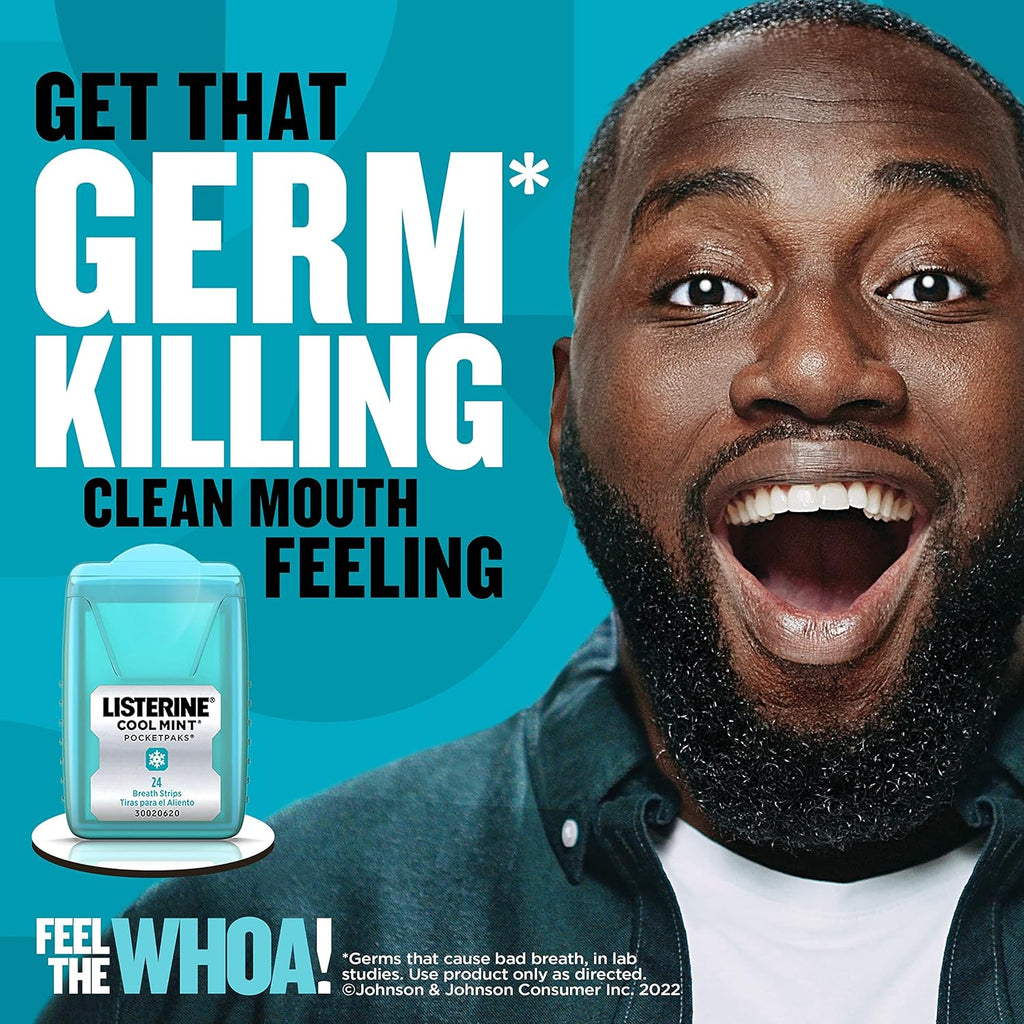 Listerine PocketPaks Cool Mint Breath Strips, Portable Pocket-Sized Oral Care Mouth Freshener, Dissolving Strips Kill 99% of Bad Breath Germs, Sugar Free, 3 x 24-Strip Packs