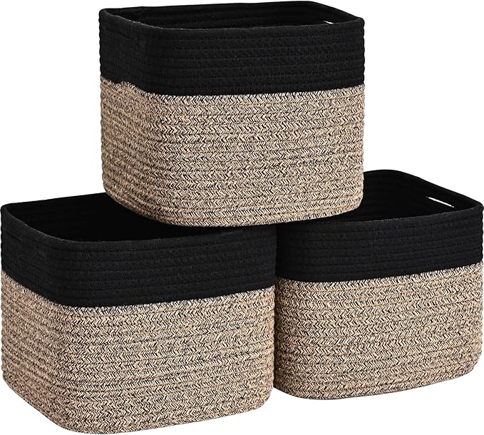 3 Pack Cube Storage Bin, 9”x9”x7” Cotton Rope Woven Baskets for Organizing Toys Clothes Towels, Square Gift Storage Baskets for Shelf, Nursery, Closet, Bathroom, Pantry (Black & Brown)