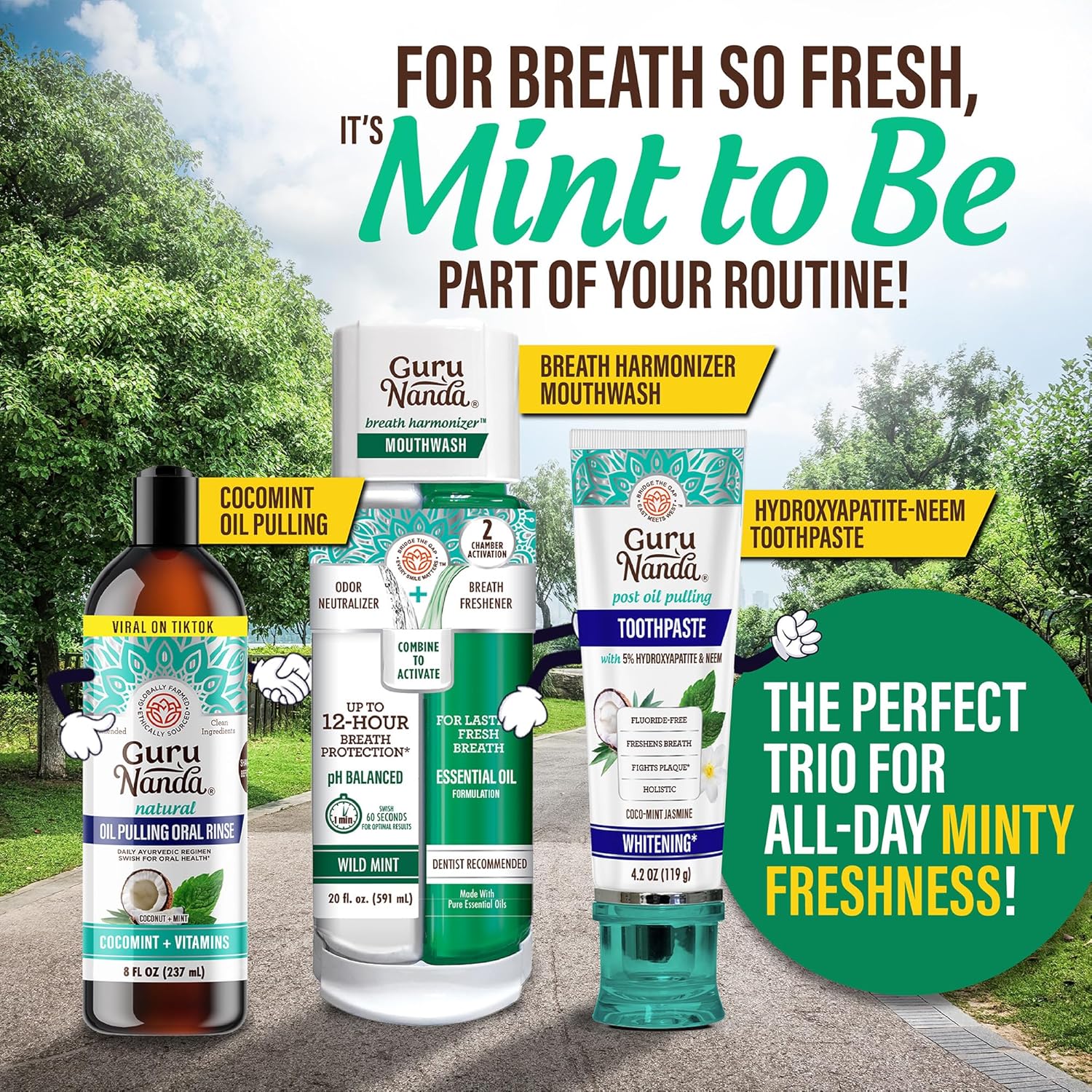 GuruNanda Mint to Be Kit – CocoMint Oil Pulling, Hydroxyapatite Neem Toothpaste, & Dual Barrel Breath Harmonizer Mouthwash for Fresh Breath & Oral Care