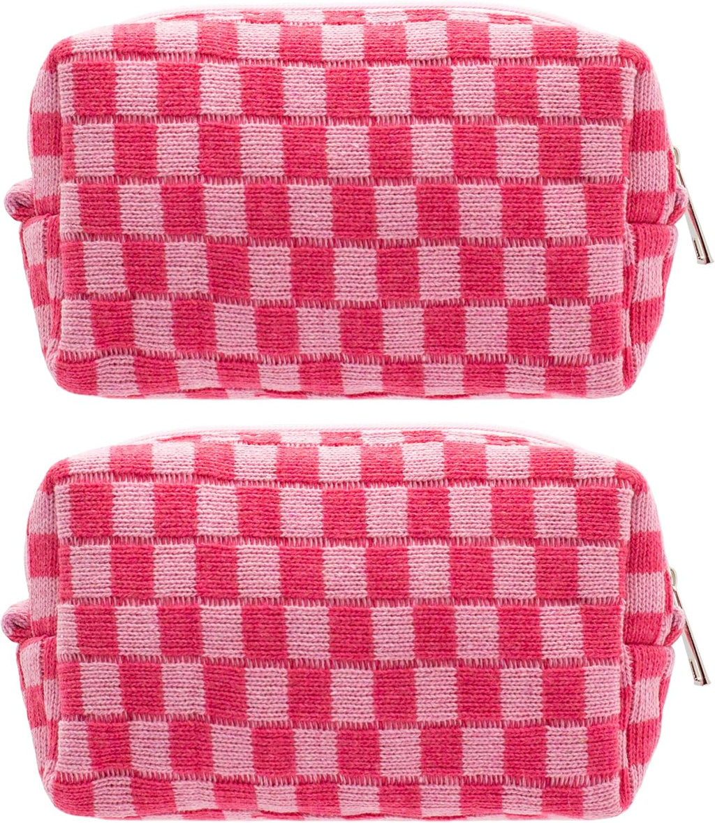 PAZIMIIK Checkered Makeup Bag for Purse Portable Zipper Make Up Pouch Small Cosmetic Case for Travel Accessories (2PCS Hotpink)