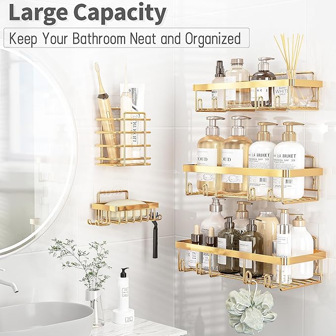 5 Pack Shower Caddy Organizer Rack Shelf for Inside Shower, Self Adhesive Wall Storage Basket Rustproof Stainless Steel Shampoo Holder Bathroom Accessory Decor Set, Gold