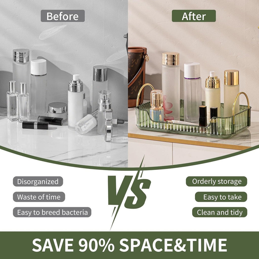 YCIA&DONE Bathroom Organizer Countertop, Makeup Storage, Skincare Cosmetic Tray Shelf, Perfume Holder Rack for Vanity Counter, Large Capacity, Easy to Install, Clean, 1 Tier, Vintage Green