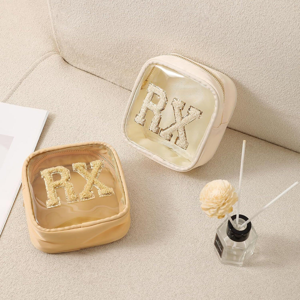 Small Chenille Letter Clear Medicine Makeup Bags,Nylon PVC Waterproof Rx Pouch with Metal Zipper, Cute Drug First Aid Travel Organizer for Women Girls(07Khaki)