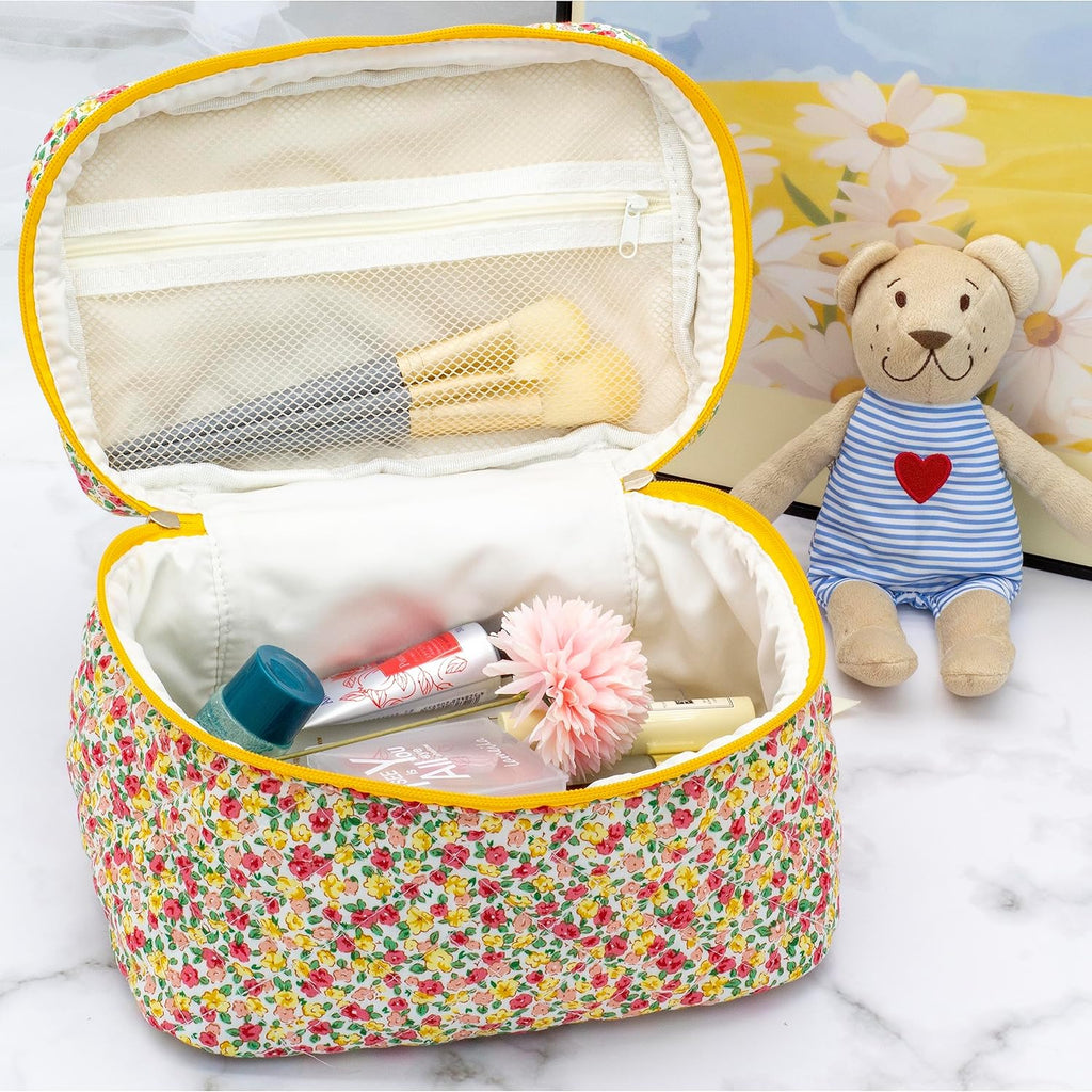 PAZIMIIK 3PCS Makeup Bag SET Large Travel Quilted Zipper Soft Cosmetic Case Pouch for Women Girls Make Up,Little Flower