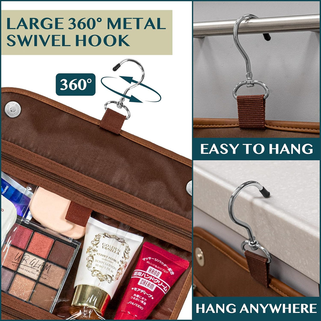 PAVILIA Hanging Toiletry Bag Women Men, Foldable Cosmetic Organizer Travel Bag, Water Resistant Makeup Bag Toiletries, Large Travel Essentials Kit (Brown)