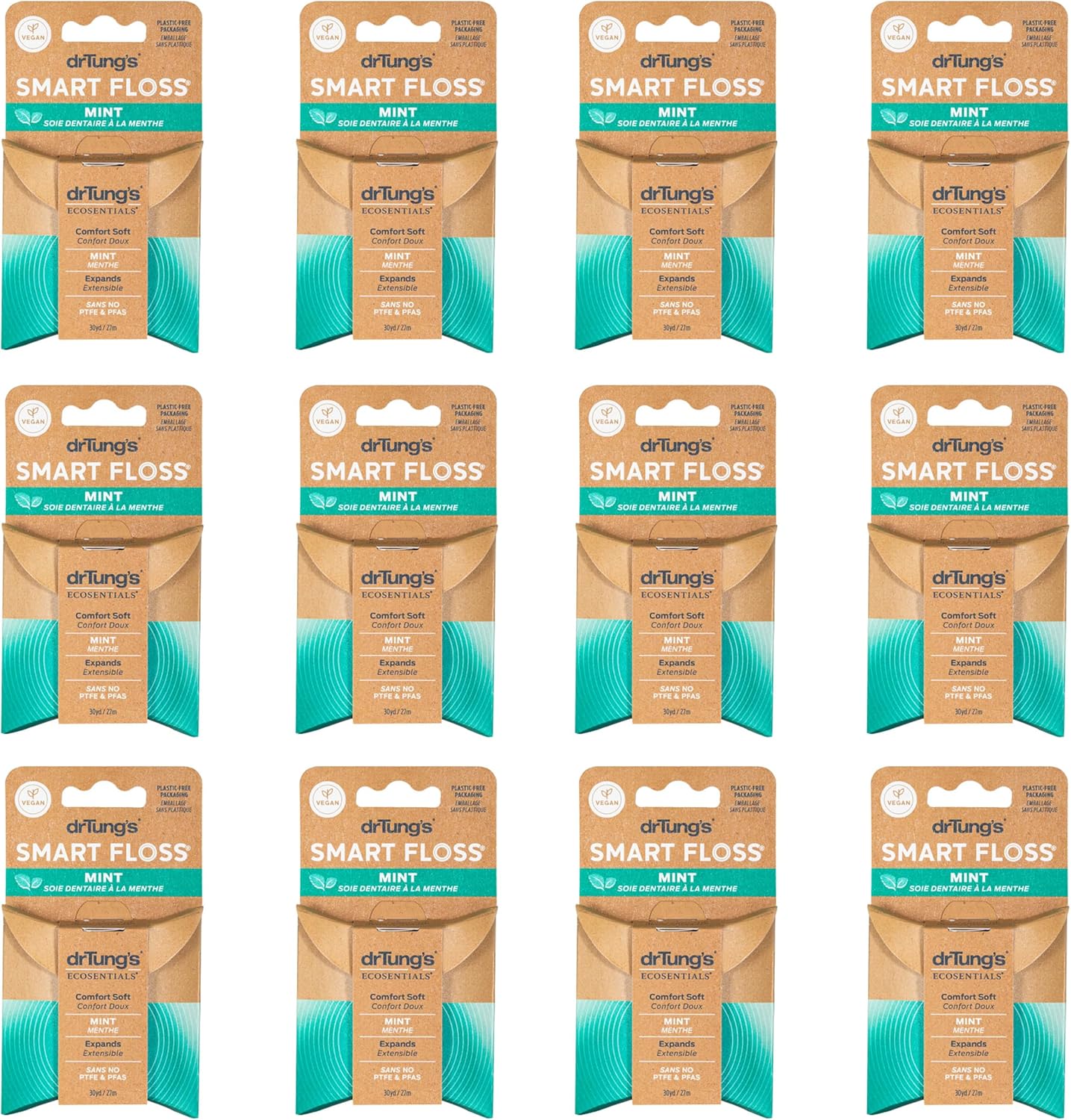 drTung's Smart Floss Mint for Teeth - Natural Expanding Dental Floss, Gentle on Tooth & Gums, Expands & Glides, PTFE & PFAS Free, Certified Organic Mint Essential Oils - Pack of 12