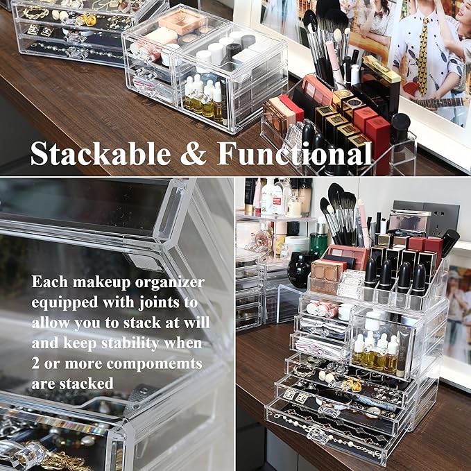 Sea Team 3-Layer Stackable Clear Makeup Organizer with Drawers, Acrylic Plastic Cosmetic Display Case, Jewelry Storage Box for Dresser, Bathroom, Vanity, Countertop (7 Drawers, 1 Lipstick Holder)