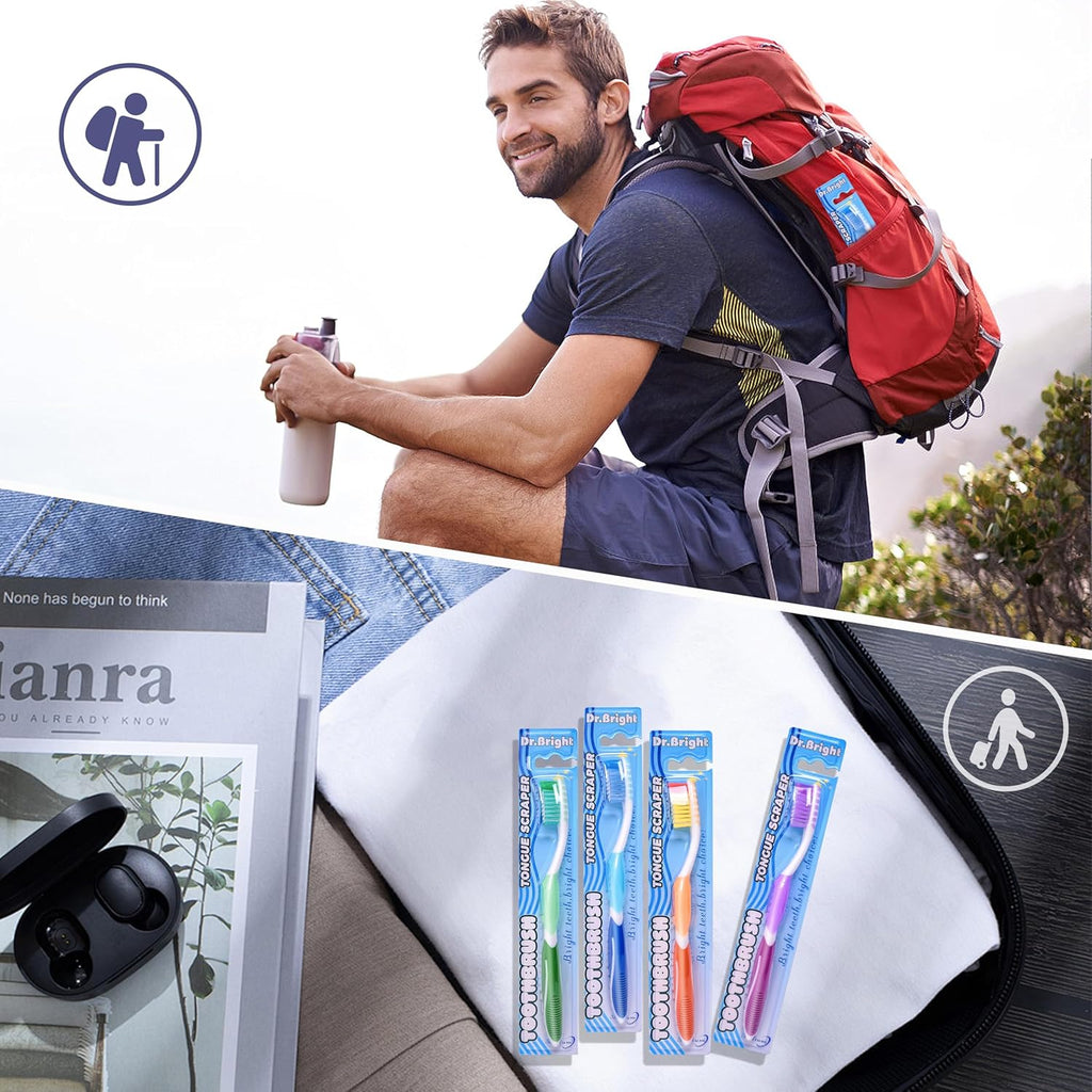 Toothbrush Medium Adults, Medium Toothbrushes for Adults with Tongue Scraper, Travel Toothbrushes with Ergonomic Handle, Assorted Colors, 8 Pack