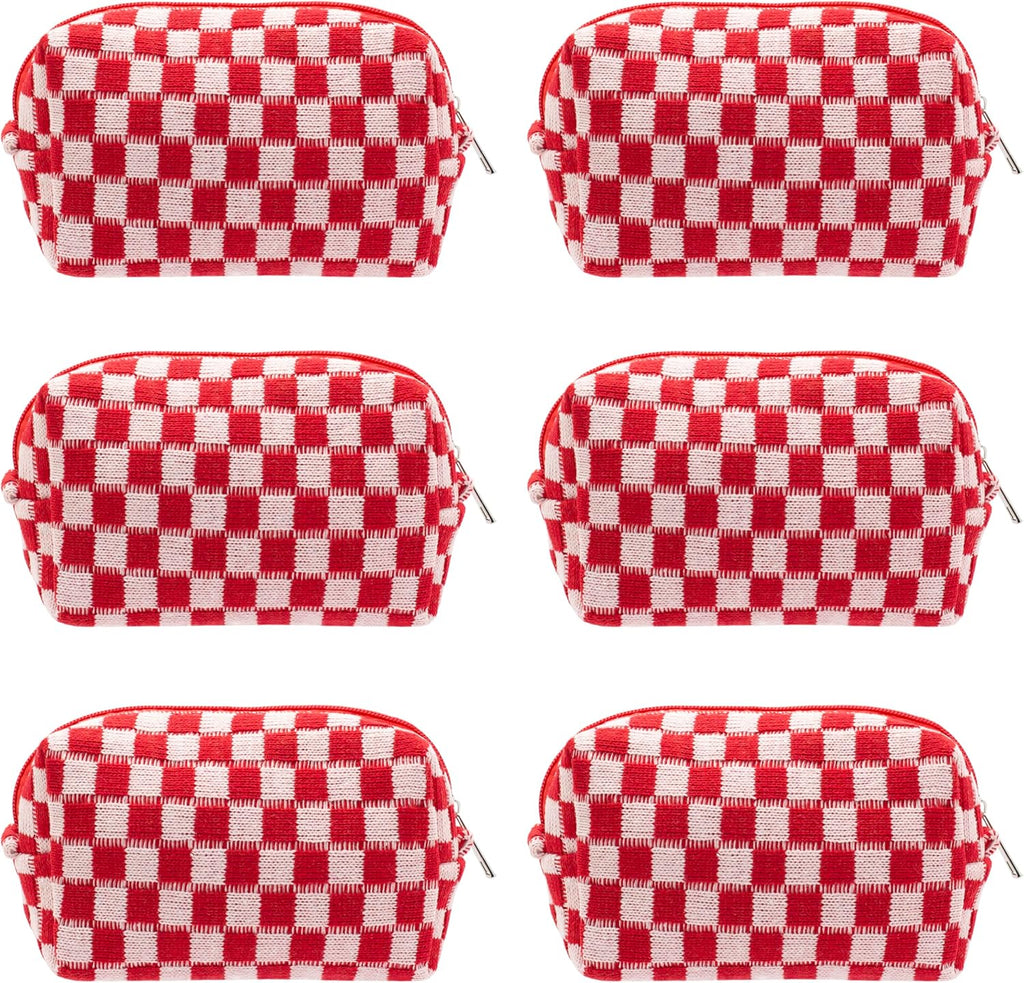 PAZIMIIK Checkered Makeup Bag for Purse Portable Zipper Make Up Pouch Small Cosmetic Case for Travel Accessories (6PCS Red)