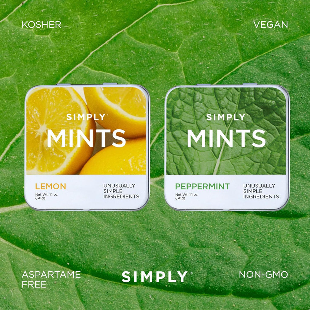 SIMPLY Mints | Peppermint & Lemon Breath Mints Variety Pack | Pack of Six (180 Pieces Total) | Zesty & Refreshing + Aspartame-Free + Vegan + non-GMO