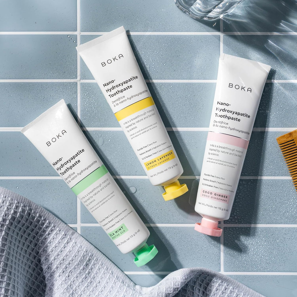 Boka Fluoride Free Toothpaste, Nano Hydroxyapatite Toothpaste, Appropriate for Sensitive Teeth - for Adult, Kids Oral Care - Ela Mint, Coco Ginger, Lemon Lavender Flavor, 4 Fl Oz 3Pk US Manufactured