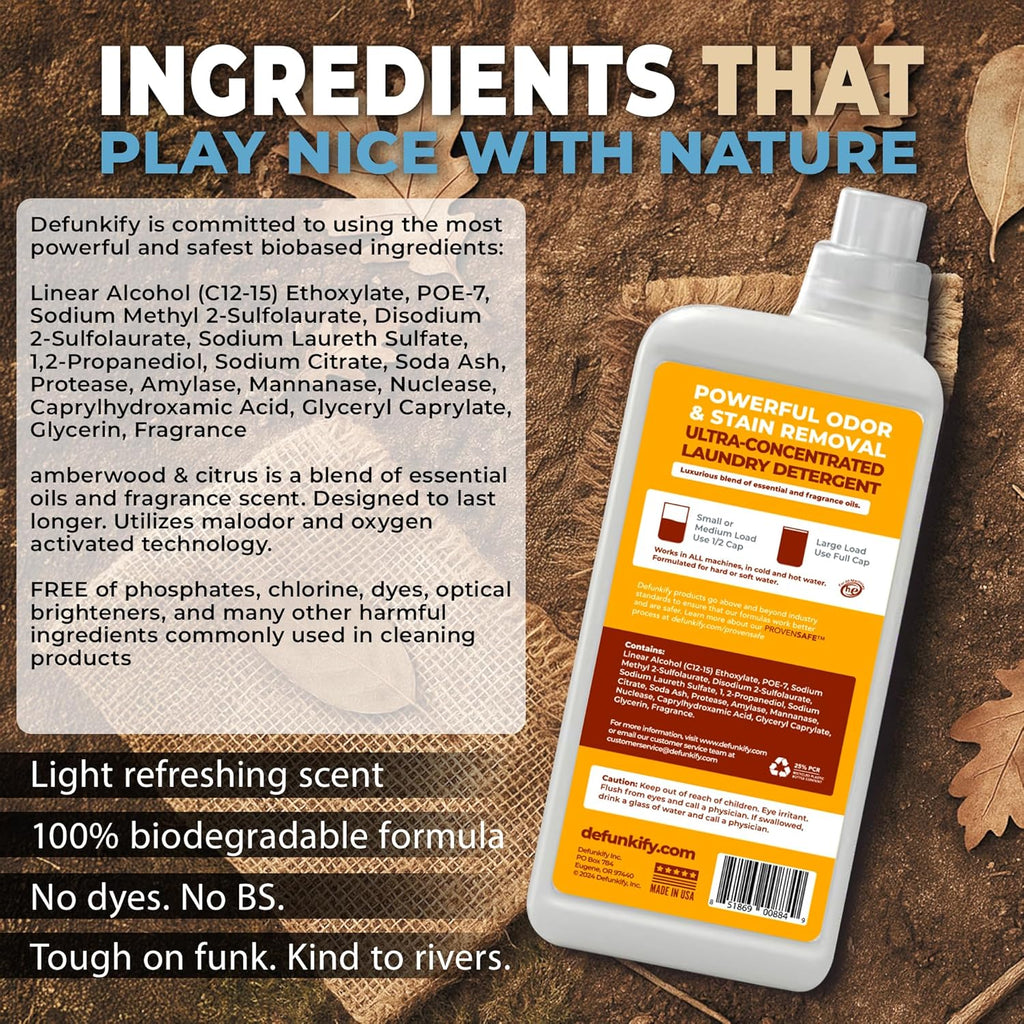 Laundry Detergent 62 Load/37.7 FlOz (2-Pack). 'Amberwood & Citrus' Liquid Detergent- Sensitive Skin. 'ProvenSafe' Laundry Soap Washing Detergent w/Odor & Stain Remover for Activewear & All Fabrics