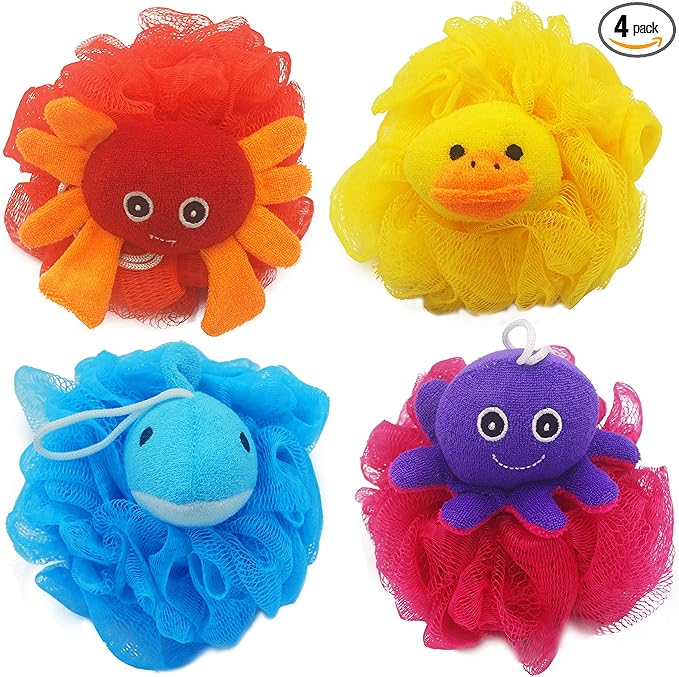 (4 Pack) Lovely Animal Design Kids Exfoliating Bath Scrubber Body Scrubber Shower Ball for Baby Toddler Kids Gentle Exfoliating Bath Sponge Loofah Pouf in Colorful Design