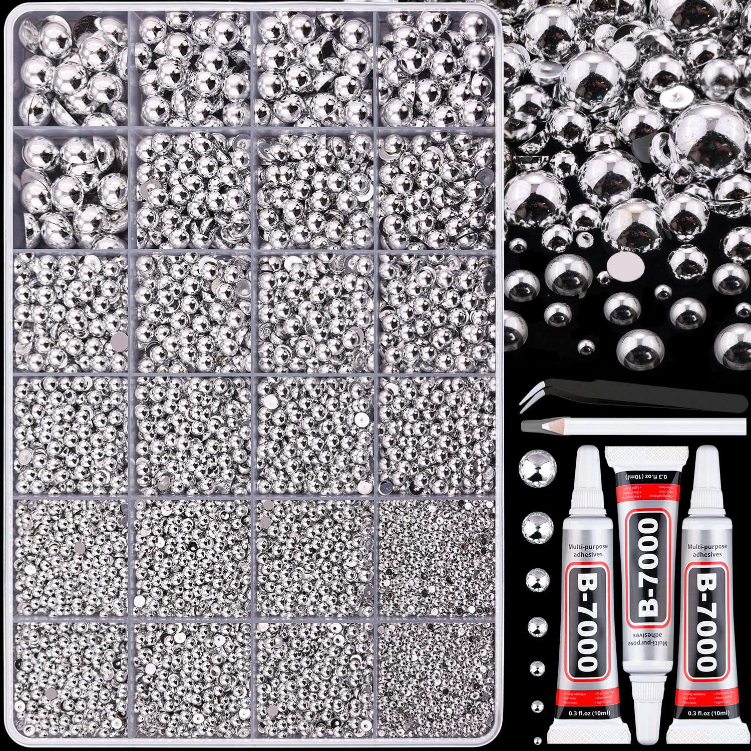 13500Pcs Flatback Pearls for Bedazzling (Silver) with 3Pcs B7000 Jewelry Glue, Assorted Size 2/3/4/5/6/8/10mm Half Pearl, Bedazzling Gems for Crafting Clothing Tumbler Shoes Embellishment Nail Art