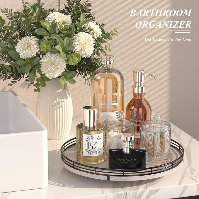 13" Oak Bathroom Vanity Tray Turntable for Perfume Candle, Round Wooden Decorative Tray for Kitchen Sink Countertop Organizer, Bathroom Counter Organizer for Skincare Makeup, Rustic Whitewashed