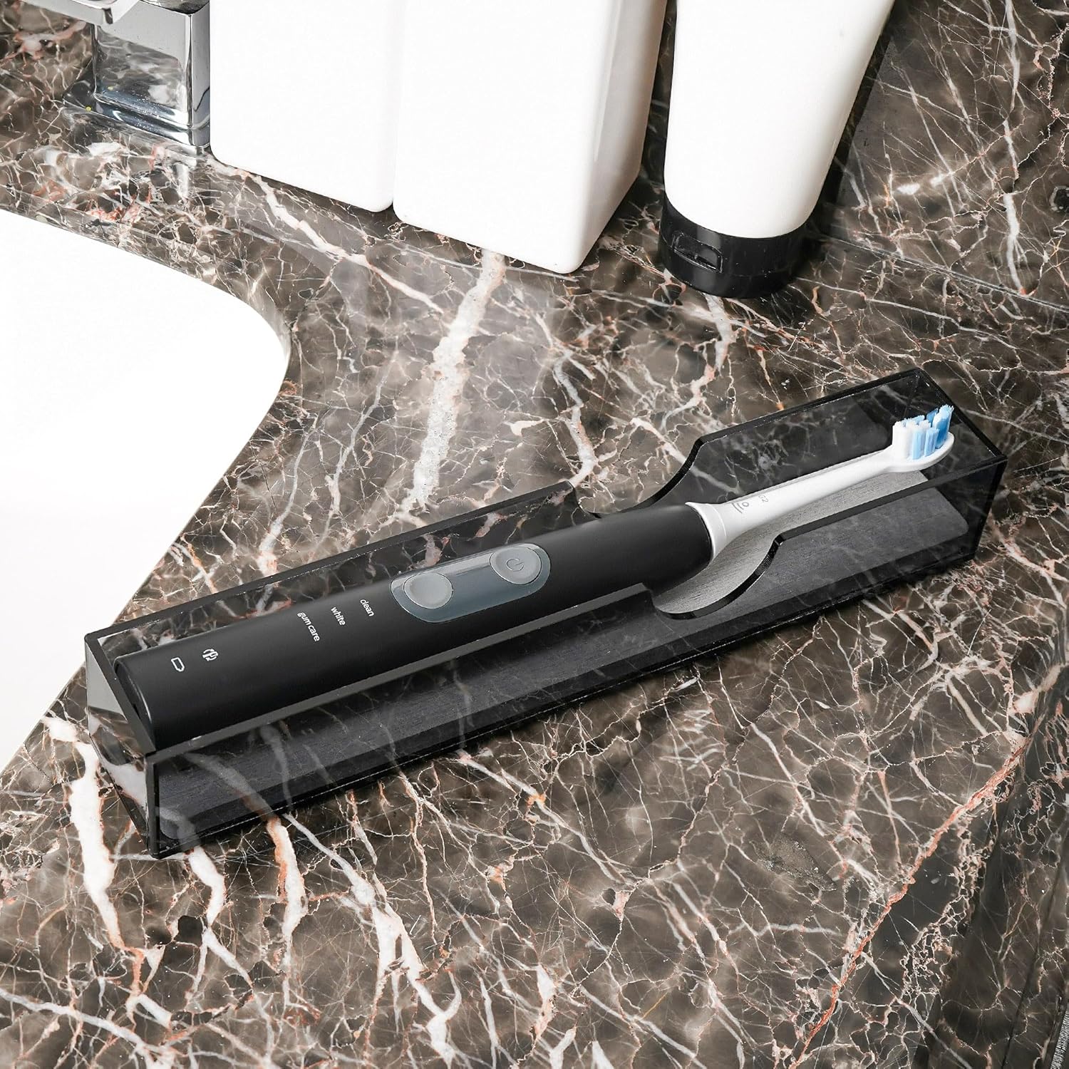 Acrylic Electric Toothbrush Holder with Diatomite Drying Stone, Bathroom Drawer Organizer with Drainage Hole for Tooth Brush, Compatible with Philips, Oral-B (Grey)