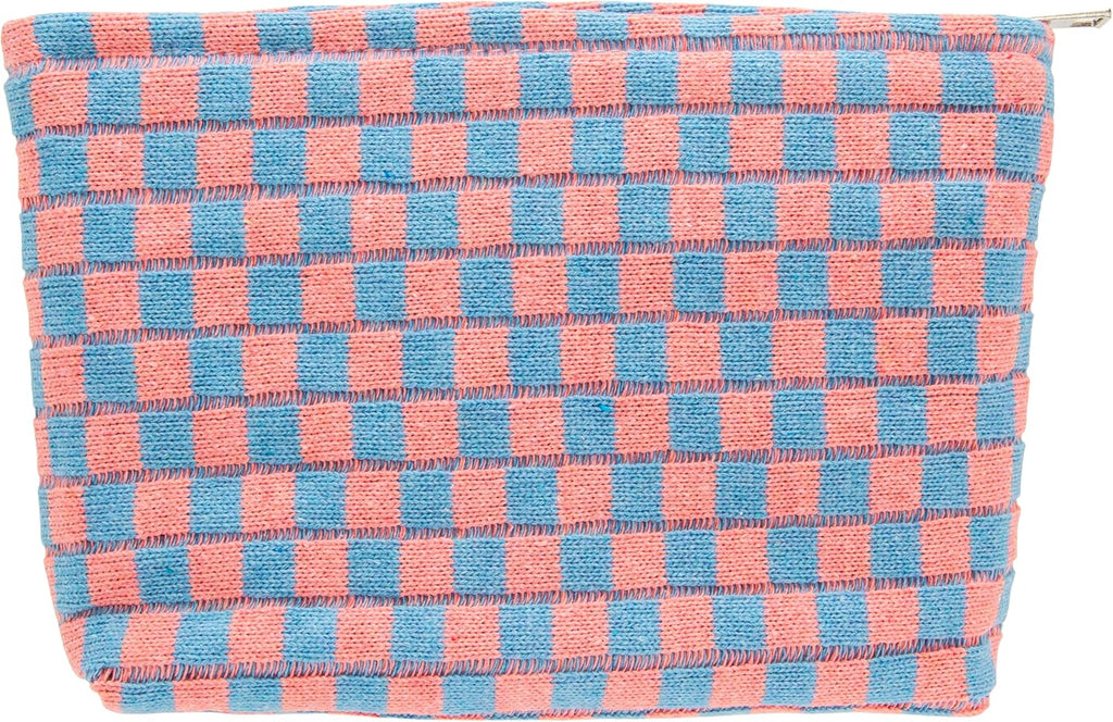 PAZIMIIK Knitted Checkered Makeup Bag Large Zipper Make Up Accessory Pouch for Purse Cosmetic Brush Bag for Travel Red Blue