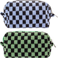 PAZIMIIK Checkered Makeup Bag for Purse Portable Zipper Make Up Pouch Small Cosmetic Case for Travel Accessories (2PCS Green Blue)