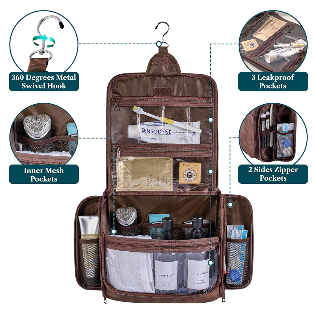 PAVILIA Large Hanging Toiletry Bag Travel Bag Women Men, PU Leather Cosmetic Organizer, Water Resistant Makeup Bag Accessories Toiletries, Travel Essentials Kit, Brown