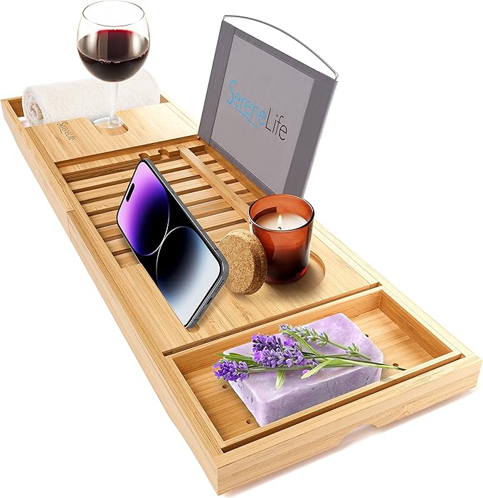SereneLife Luxury Bamboo Bathtub Caddy Tray - Adjustable Natural Wood Bath Tub Organizer with Wine Holder, Cup Placement, Soap Dish, Book Space & Phone Slot for Spa, Bathroom & Shower SLBCAD20