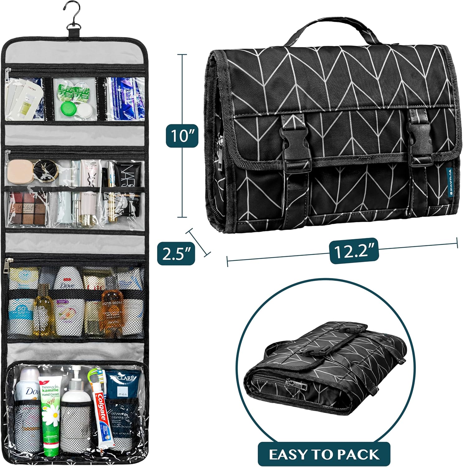 PAVILIA Travel Hanging Toiletry Bag for Women Men, Large Capacity Makeup Bag Kit, Waterproof Cosmetic Storage Organizer Case for Bathroom Shower