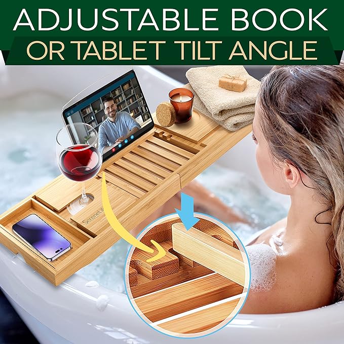 SereneLife Luxury Bamboo Bathtub Caddy Tray - Adjustable Natural Wood Bath Tub Organizer with Wine Holder, Cup Placement, Soap Dish, Book Space & Phone Slot for Spa, Bathroom & Shower SLBCAD20