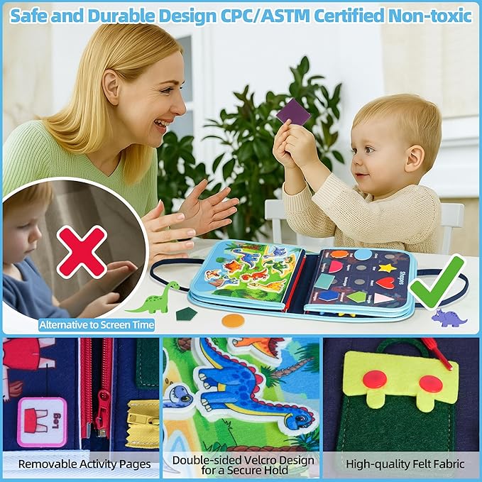 Toddler Busy Board Montessori Toys for 3 Year Old Birthday Gifts for Kids 10 Pages in 1 Soft Felt Activity Book Develop Fine Skills Educational Learning Sensory Travel Toys for Airplane Car