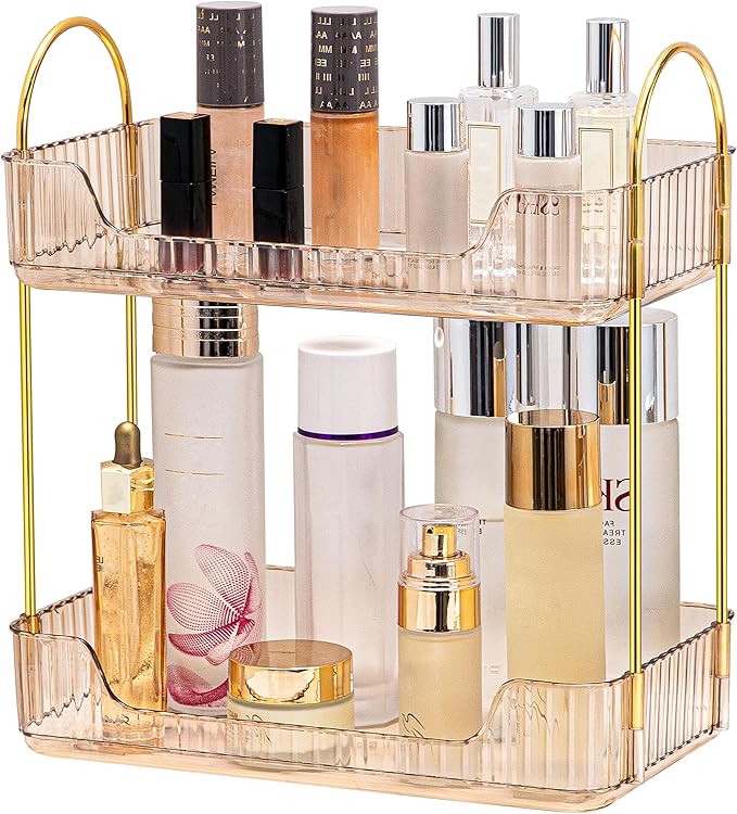 2 Tier Bathroom Organizer Countertop Makeup Perfume Tray Skincare Organizer for Bathroom Dresser Vanity (Gold)