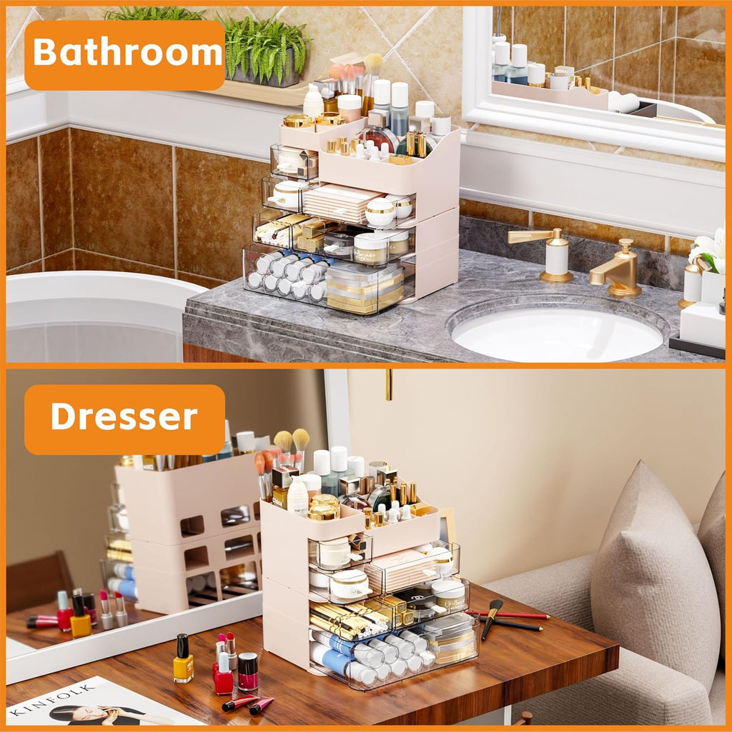 Pink Makeup Countertop Organizer,Large Capacity Make up Organizers for Vanity with 6 Drawer,Plastic Bathroom Skincare Organizers for Eyeshadow,Brush,Palettes,Perfume,Beauty Products,Skin Care Storage