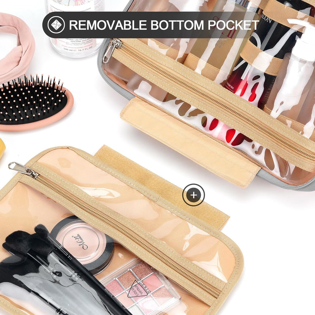 Travel Hanging Toiletry Bag for Women and Men, with 8 Leak Proofing Silicone Bottle Covers, Waterproof Makeup Accessories, Cosmetic Essentials, Cruise Ship Toiletries Bag with Jewelry Organizer, Pink