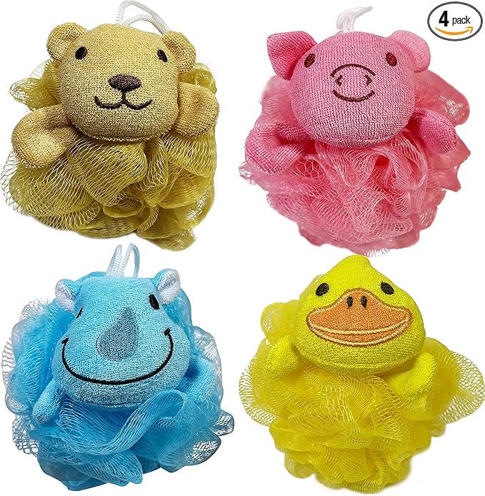 (4 Pack) Lovely Animal Design Kids Exfoliating Bath Scrubber Body Scrubber Shower Ball for Baby Toddler Kids Gentle Exfoliating Bath Sponge Loofah Pouf in Colorful Design (Joyful TERRICOLE)