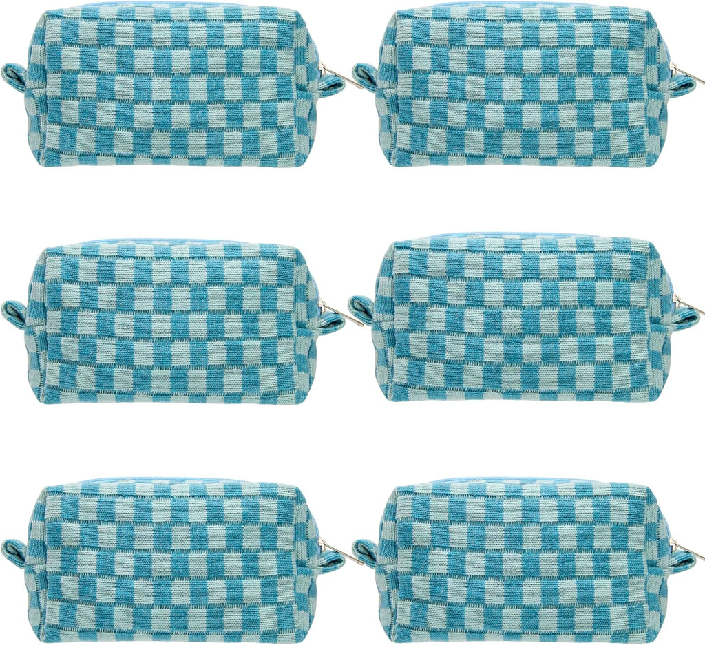 PAZIMIIK Checkered Makeup Bag for Purse Portable Zipper Make Up Pouch Small Cosmetic Case for Travel Accessories (6PCS Lake Blue)