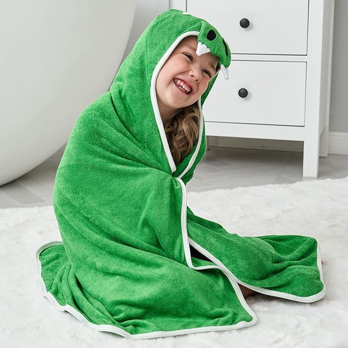 HIPHOP PANDA Hooded Towel - Rayon Made from Bamboo, Bath Towel with Bear Ears for Newborn, Babie, Toddler, Infant - Absorbent Large Baby Towel - Dinosaur, 37.5 x 37.5 Inch